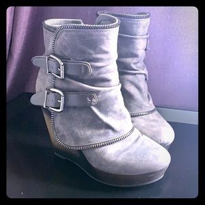 Grey wedge ankle bootie with buckle